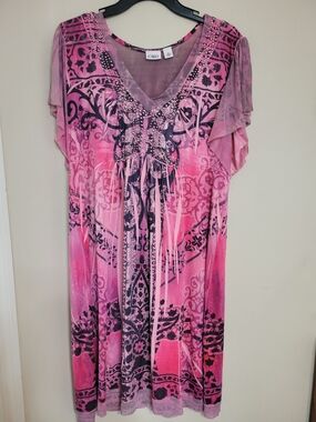 Cato Pink Embellished Printed V-Neck Dress